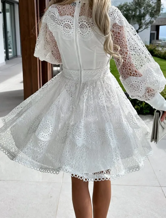 Outlet Women's Mini Dress White Dress Lace Dress Casual Dress A Line Dress Streetwear A Line Street Date Regular Fit Long Sleeve Stand Collar Black White Summer Women White Dresses