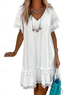Hot Women's Mini Dress Dress Lace Dress Casual Dress A Line Dress Basic Casual Vacation Daily Regular Fit Graphic Short Sleeve V Neck Summer Women White Dresses
