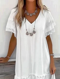 Hot Women's Mini Dress Dress Lace Dress Casual Dress A Line Dress Basic Casual Vacation Daily Regular Fit Graphic Short Sleeve V Neck Summer Women White Dresses