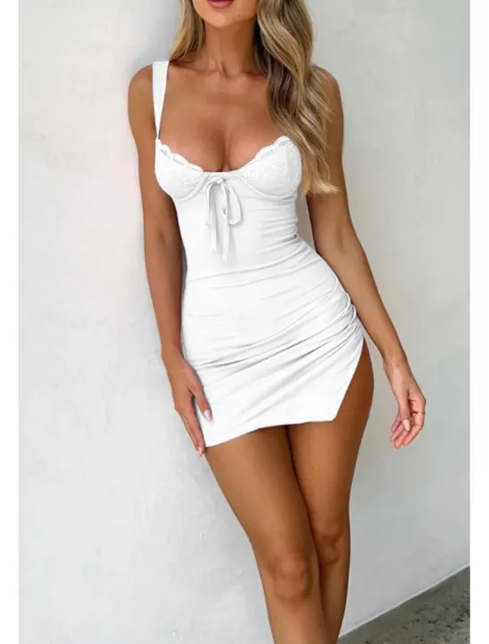 Sale Women's Mini Dress White Dress Graduation Dress Lace Dress Slip Dress Fashion Modern Birthday Graduation Date Regular Fit Plain Sleeveless Spaghetti Strap Light Yellow White Light Blue Summer Women White Dresses