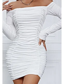 Sale Women's Mini Dress White Dress Graduation Dress Bodycon Fashion Modern Vacation Birthday Graduation Regular Fit Plain Long Sleeve Off Shoulder Black White Wine Red Summer Women White Dresses