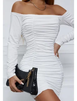 Sale Women's Mini Dress White Dress Graduation Dress Bodycon Fashion Modern Vacation Birthday Graduation Regular Fit Plain Long Sleeve Off Shoulder Black White Wine Red Summer Women White Dresses