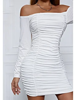 Sale Women's Mini Dress White Dress Graduation Dress Bodycon Fashion Modern Vacation Birthday Graduation Regular Fit Plain Long Sleeve Off Shoulder Black White Wine Red Summer Women White Dresses