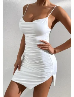 Sale Women's Mini Dress Dress Graduation Dress Sexy Dress Slip Dress Fashion Mature Graduation Date Going out Regular Fit Plain Sleeveless Spaghetti Strap Summer Women White Dresses