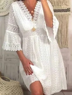 New Women's Mini Dress White Dress Lace Dress Casual Dress Boho Dress Casual Sports & Outdoor Street Regular Fit Plain 3/4 Length Sleeve V Neck White Apricot Summer Spring Fall Women White Dresses