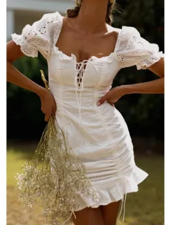 Outlet Women's Mini Dress Dress Graduation Dress Fashion Vacation Birthday Weekend Regular Fit Plain Short Sleeve Square Neck Summer Women White Dresses