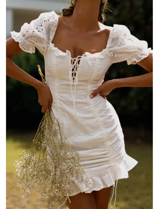 Outlet Women's Mini Dress Dress Graduation Dress Fashion Vacation Birthday Weekend Regular Fit Plain Short Sleeve Square Neck Summer Women White Dresses
