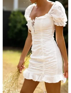 Outlet Women's Mini Dress Dress Graduation Dress Fashion Vacation Birthday Weekend Regular Fit Plain Short Sleeve Square Neck Summer Women White Dresses