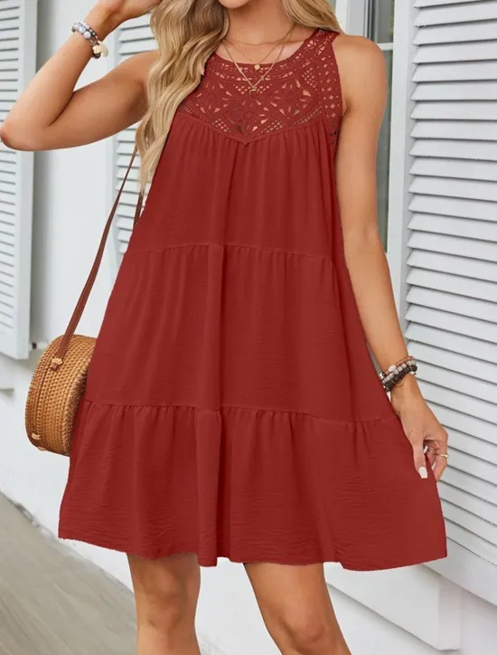Discount Women's Mini Dress White Dress Lace Dress Boho Dress Casual Vacation Street Regular Fit Sleeveless Crew Neck Black White Red Navy Blue Summer Women White Dresses