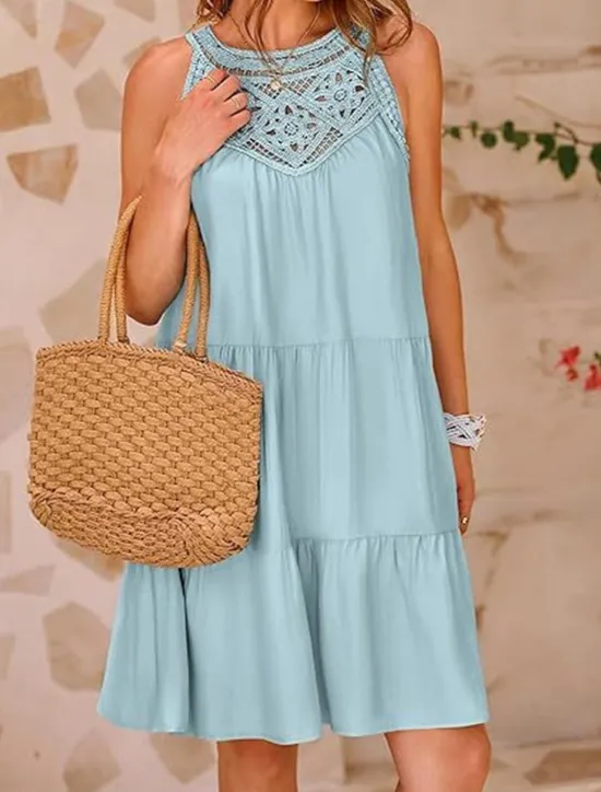Discount Women's Mini Dress White Dress Lace Dress Boho Dress Casual Vacation Street Regular Fit Sleeveless Crew Neck Black White Red Navy Blue Summer Women White Dresses