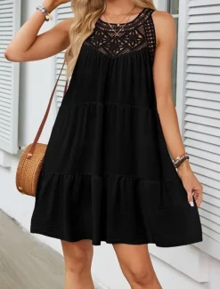 Discount Women's Mini Dress White Dress Lace Dress Boho Dress Casual Vacation Street Regular Fit Sleeveless Crew Neck Black White Red Navy Blue Summer Women White Dresses