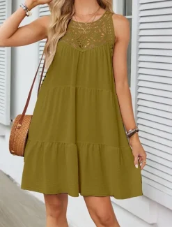 Discount Women's Mini Dress White Dress Lace Dress Boho Dress Casual Vacation Street Regular Fit Sleeveless Crew Neck Black White Red Navy Blue Summer Women White Dresses