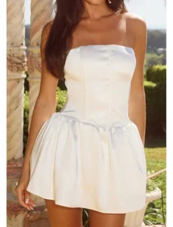 New Women's Mini Dress Dress Graduation Dress Fashion Graduation Tea Party Weekend Regular Fit Plain Sleeveless Strapless Summer Women White Dresses