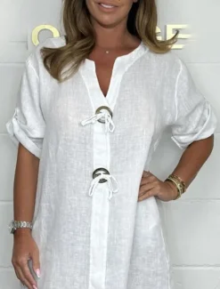 Best Women's Mini Dress White Dress Shirt Dress Casual Dress Cotton Linen Dress Basic Casual Loose Fit Graphic Half Sleeve V Neck Black White Red Gray Summer Women Shirts