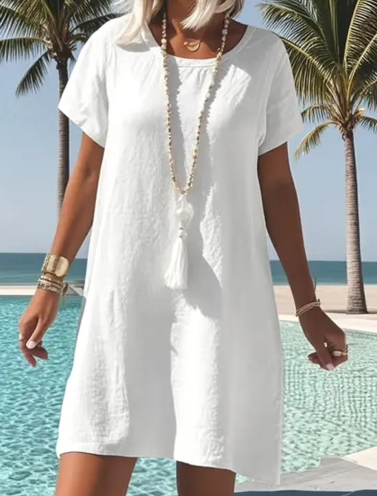 Women's Mini Dress White Dress Cotton Linen Dress Vacation Casual Holiday Form Fit Plain Short Sleeve Crew Neck White Light Blue Summer Spring Women White Dresses