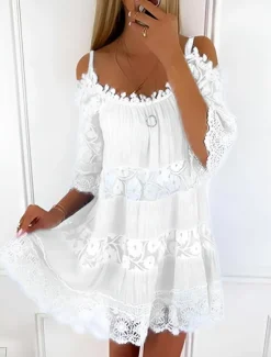 New Women's Mini Dress White Dress Graduation Dress Lace Dress Boho Dress Stylish Basic Modern Vacation Loose Fit Pure Color Half Sleeve Crew Neck Black White Green Light Blue Summer Spring Women White Dresses