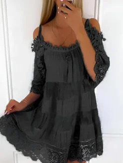 New Women's Mini Dress White Dress Graduation Dress Lace Dress Boho Dress Stylish Basic Modern Vacation Loose Fit Pure Color Half Sleeve Crew Neck Black White Green Light Blue Summer Spring Women White Dresses