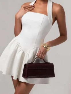 Outlet Women's Mini Dress White Dress Graduation Dress Party Dress Cocktail Dress Fashion Party Date Tea Party Regular Fit Plain Sleeveless Halter Neck Black White Wine Summer Women White Dresses