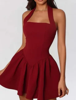 Outlet Women's Mini Dress White Dress Graduation Dress Party Dress Cocktail Dress Fashion Party Date Tea Party Regular Fit Plain Sleeveless Halter Neck Black White Wine Summer Women White Dresses