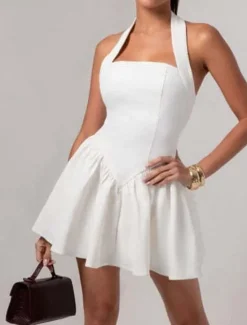 Outlet Women's Mini Dress White Dress Graduation Dress Party Dress Cocktail Dress Fashion Party Date Tea Party Regular Fit Plain Sleeveless Halter Neck Black White Wine Summer Women White Dresses
