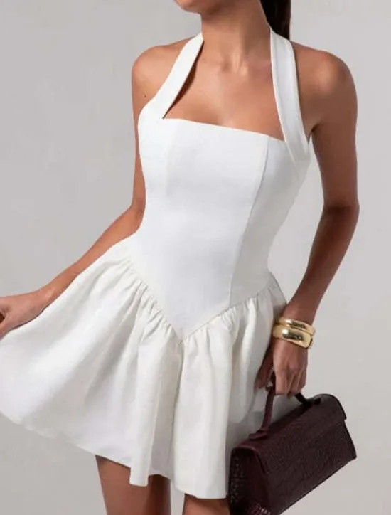 Outlet Women's Mini Dress White Dress Graduation Dress Party Dress Cocktail Dress Fashion Party Date Tea Party Regular Fit Plain Sleeveless Halter Neck Black White Wine Summer Women White Dresses