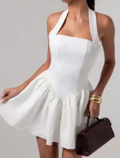 Outlet Women's Mini Dress White Dress Graduation Dress Party Dress Cocktail Dress Fashion Party Date Tea Party Regular Fit Plain Sleeveless Halter Neck Black White Wine Summer Women White Dresses