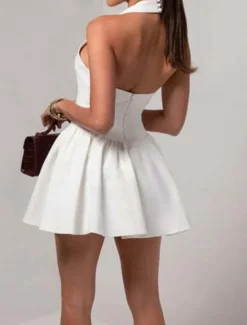 Outlet Women's Mini Dress White Dress Graduation Dress Party Dress Cocktail Dress Fashion Party Date Tea Party Regular Fit Plain Sleeveless Halter Neck Black White Wine Summer Women White Dresses