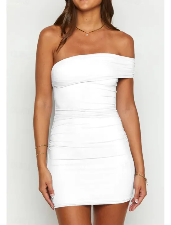 New Women's Mini Dress White Dress Graduation Dress Homecoming Dress Bodycon Fashion Mature Graduation Date Going out Regular Fit Plain Sleeveless One Shoulder Black White Light Blue Summer Women White Dresses