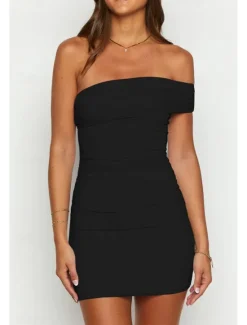 New Women's Mini Dress White Dress Graduation Dress Homecoming Dress Bodycon Fashion Mature Graduation Date Going out Regular Fit Plain Sleeveless One Shoulder Black White Light Blue Summer Women White Dresses