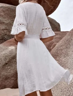 Outlet Women's Mini Dress White Dress White Lace Dress with Sleeves Boho Chic Dresses Summer Dress Bohemia Vacation Beach Regular Fit Short Sleeve V Neck White Summer Women White Dresses