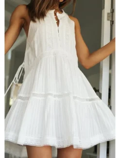 Hot Women's Mini Dress Dress Fashion Modern Birthday Graduation Date Regular Fit Plain Sleeveless Stand Collar Summer Women White Dresses