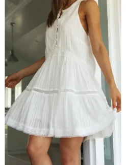 Hot Women's Mini Dress Dress Fashion Modern Birthday Graduation Date Regular Fit Plain Sleeveless Stand Collar Summer Women White Dresses