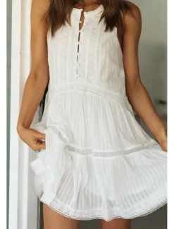 Hot Women's Mini Dress Dress Fashion Modern Birthday Graduation Date Regular Fit Plain Sleeveless Stand Collar Summer Women White Dresses