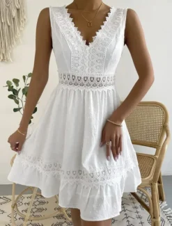 Hot Women's Mini Dress White Dress Graduation Dress Casual Dress Tank Dress Basic Casual Vacation Daily Regular Fit Plain Sleeveless V Neck Black White Summer Women Spring Dresses