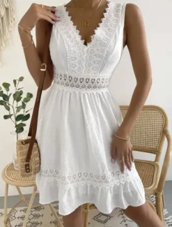Hot Women's Mini Dress White Dress Graduation Dress Casual Dress Tank Dress Basic Casual Vacation Daily Regular Fit Plain Sleeveless V Neck Black White Summer Women Spring Dresses