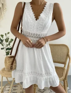 Hot Women's Mini Dress White Dress Graduation Dress Casual Dress Tank Dress Basic Casual Vacation Daily Regular Fit Plain Sleeveless V Neck Black White Summer Women Spring Dresses