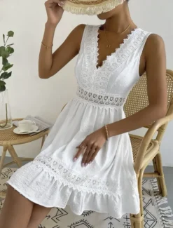 Hot Women's Mini Dress White Dress Graduation Dress Casual Dress Tank Dress Basic Casual Vacation Daily Regular Fit Plain Sleeveless V Neck Black White Summer Women Spring Dresses