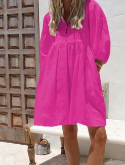 Outlet Women's Mini Dress White Dress Cotton Linen Dresses Black Dress Casual Dress Basic Modern Daily Weekend Loose Fit Plain 3/4 Length Sleeve V Neck Black White Rose Red Summer Spring Women Dresses|White Dresses
