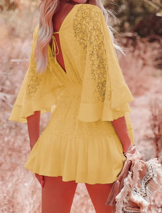 Sale Women's Mini Dress White Dress Lace Dress Boho Chic Dresses Boho Dress Bohemia A Line Date Regular Fit 3/4 Length Sleeve V Neck Black White Yellow Pink Summer Spring Women White Dresses