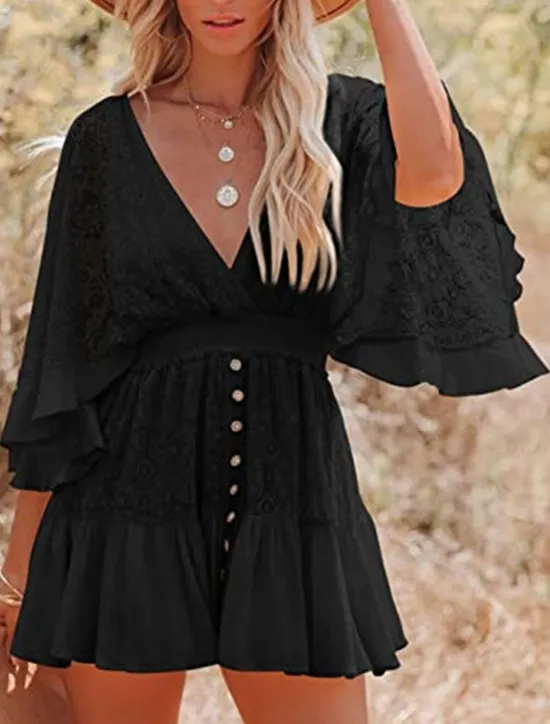 Sale Women's Mini Dress White Dress Lace Dress Boho Chic Dresses Boho Dress Bohemia A Line Date Regular Fit 3/4 Length Sleeve V Neck Black White Yellow Pink Summer Spring Women White Dresses
