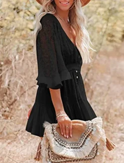Sale Women's Mini Dress White Dress Lace Dress Boho Chic Dresses Boho Dress Bohemia A Line Date Regular Fit 3/4 Length Sleeve V Neck Black White Yellow Pink Summer Spring Women White Dresses