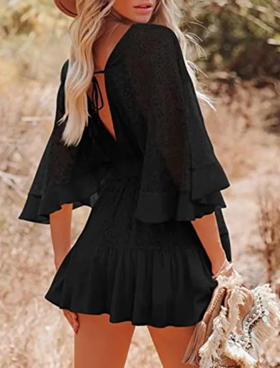 Sale Women's Mini Dress White Dress Lace Dress Boho Chic Dresses Boho Dress Bohemia A Line Date Regular Fit 3/4 Length Sleeve V Neck Black White Yellow Pink Summer Spring Women White Dresses