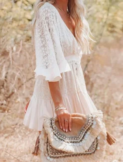 Sale Women's Mini Dress White Dress Lace Dress Boho Chic Dresses Boho Dress Bohemia A Line Date Regular Fit 3/4 Length Sleeve V Neck Black White Yellow Pink Summer Spring Women White Dresses