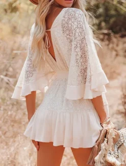 Sale Women's Mini Dress White Dress Lace Dress Boho Chic Dresses Boho Dress Bohemia A Line Date Regular Fit 3/4 Length Sleeve V Neck Black White Yellow Pink Summer Spring Women White Dresses