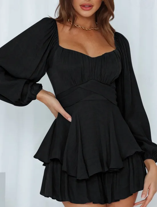 Hot Women's Mini Dress White Dress A Line Dress Stylish Casual Lantern Sleeve Vacation Daily Date Regular Fit Plain Long Sleeve Square Neck Black White Pink Wine Summer Fall Women White Dresses