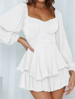 Hot Women's Mini Dress White Dress A Line Dress Stylish Casual Lantern Sleeve Vacation Daily Date Regular Fit Plain Long Sleeve Square Neck Black White Pink Wine Summer Fall Women White Dresses