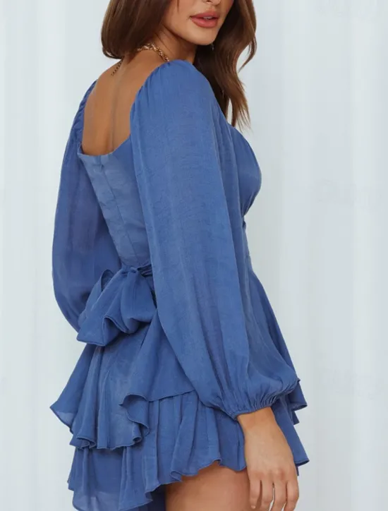 Hot Women's Mini Dress White Dress A Line Dress Stylish Casual Lantern Sleeve Vacation Daily Date Regular Fit Plain Long Sleeve Square Neck Black White Pink Wine Summer Fall Women White Dresses