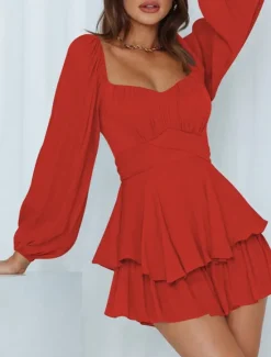 Hot Women's Mini Dress White Dress A Line Dress Stylish Casual Lantern Sleeve Vacation Daily Date Regular Fit Plain Long Sleeve Square Neck Black White Pink Wine Summer Fall Women White Dresses