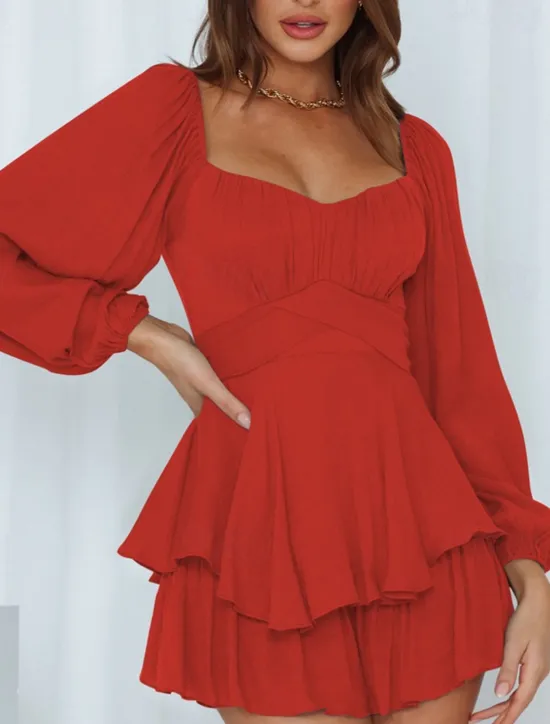 Hot Women's Mini Dress White Dress A Line Dress Stylish Casual Lantern Sleeve Vacation Daily Date Regular Fit Plain Long Sleeve Square Neck Black White Pink Wine Summer Fall Women White Dresses