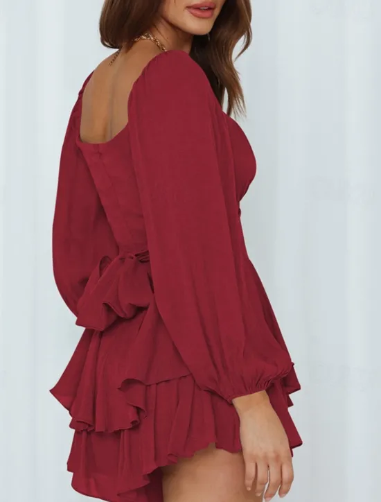 Hot Women's Mini Dress White Dress A Line Dress Stylish Casual Lantern Sleeve Vacation Daily Date Regular Fit Plain Long Sleeve Square Neck Black White Pink Wine Summer Fall Women White Dresses